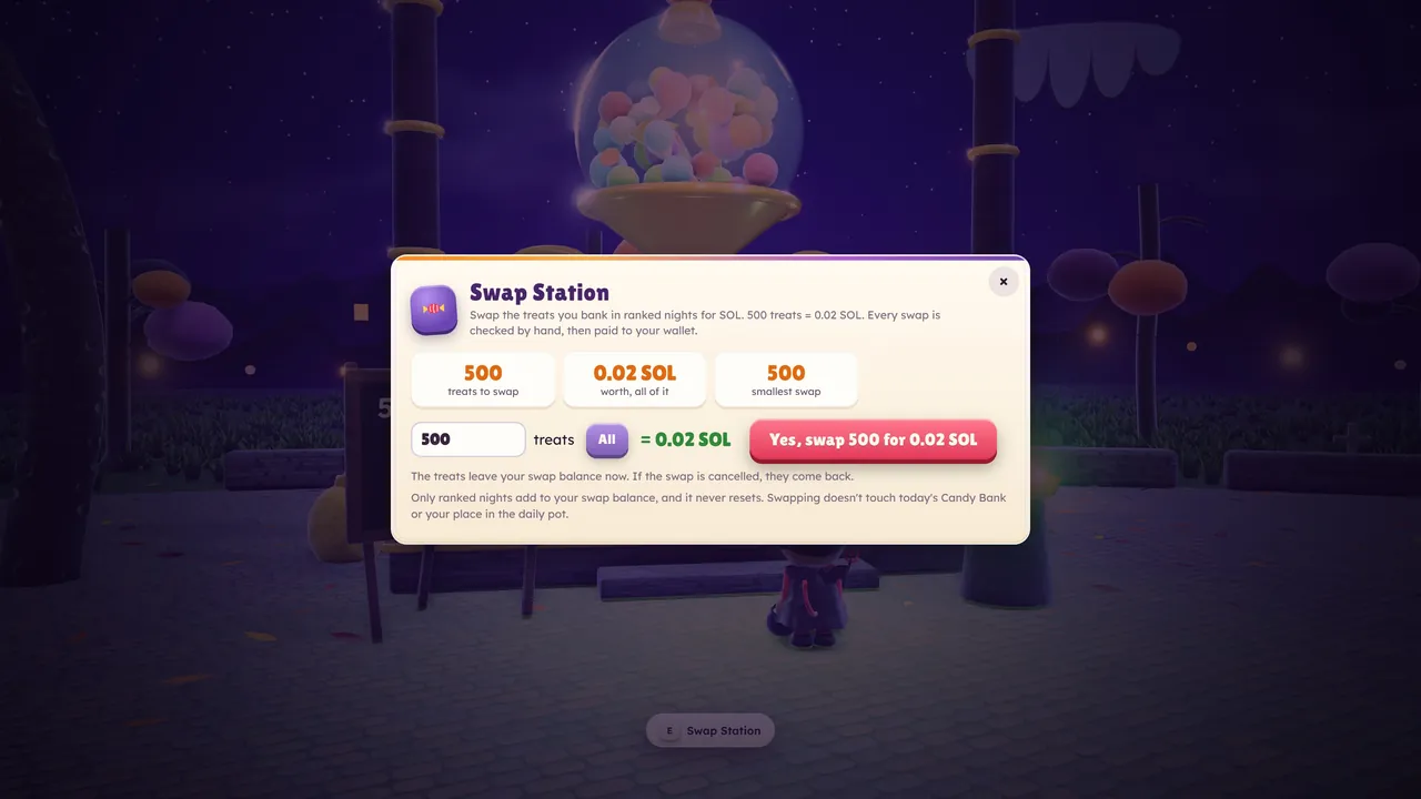The Swap Station panel: swap 500 treats for 0.02 SOL